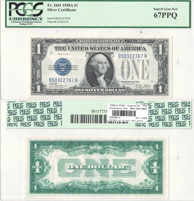 1928-A $1 Silver Certificate "Funny Back" Fr 1601 PCGS Superb Gem New-67 PPQ