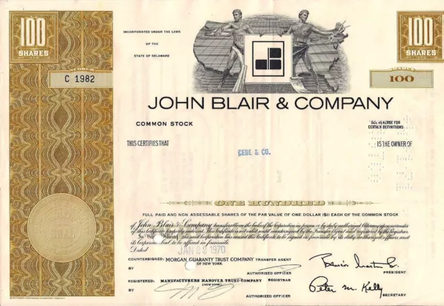 Stock certificate John Blair & Company State of Delaware (Television) 100 shares