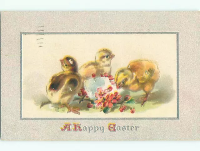 Pre-Linen easter CHICKS WITH EGG SHELL AND PINK FLOWERS : make an offer J2488