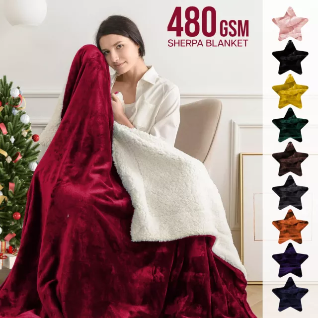 Heavy Sherpa Fleece Blanket 480 GSM Soft Warm Bed Sofa Throw Weighted Blanket UK