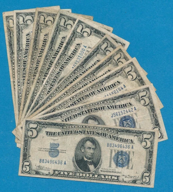10-$5.00 1934 Mixed Series Blue Seal Silver Certificates Average Circulated Lot