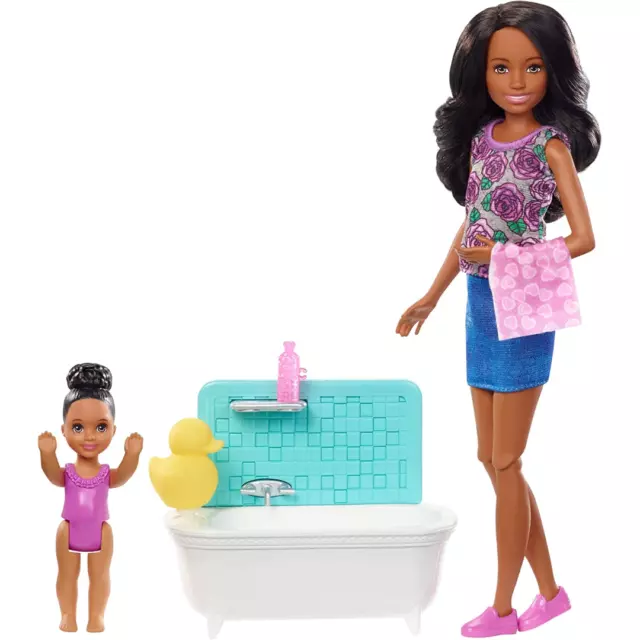 Barbie Babysitters Playset & Bathtub Skipper Small Toddler Doll with Moving Arms