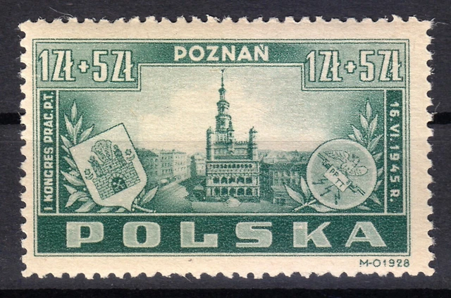 Poland MNH 1945 Mi 403 Sc B40 City Hall, Poznan **