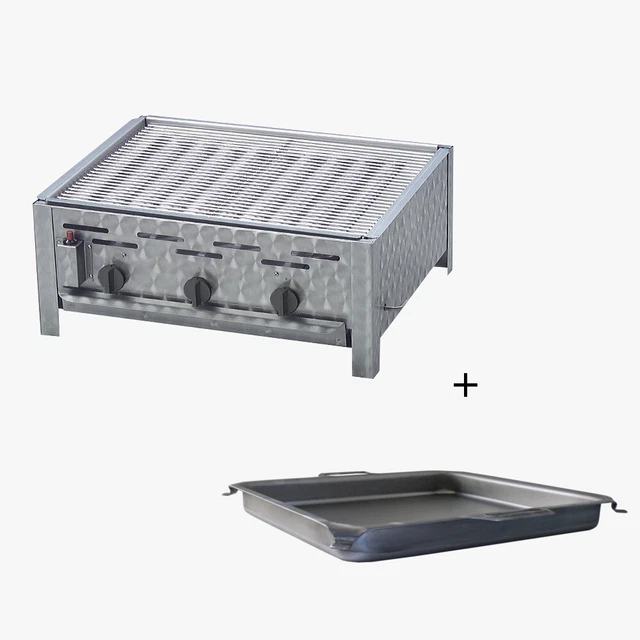 Gastrobräter 65 x 53 x 27 cm, Gasgrill Edelahl 3 flammig mit Rost und Pfanne
