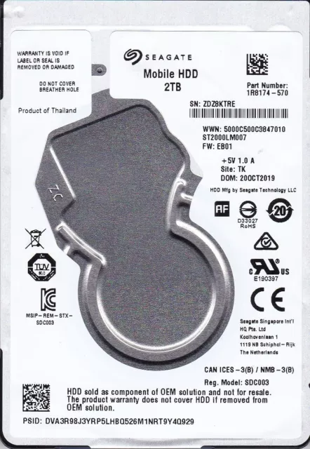 ST2000LM007 p/n: 1R8174-570 s/n: ZDZ f/w: EB01 TK OCT 2019 2TB SATA 2.5 SEAGATE