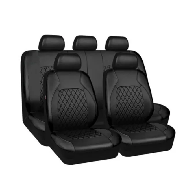 Black Leather 5-Sits Car Seat Covers Front Rear Full Set Interior Cushion 9Pcs