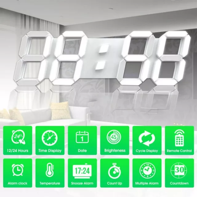 Usb-Led Digitale Tavolo Muro Orologio Grande 3D Display Sveglia Luminosità White