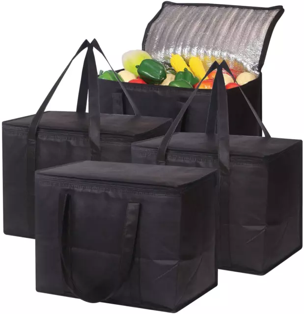Set of 4 Large Insulated Reusable Grocery Bags with Sturdy Zipper and Handles, F