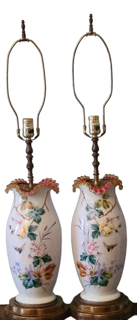 Stunning Antique Pair Opaline Vases Now Lamps Hand Painted Enamel Floral Birds