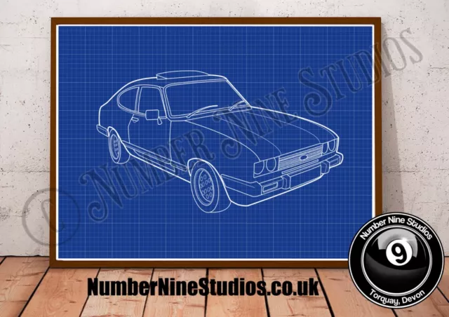 Ford Capri MK 3 BLAUABDRUCK Illustration, hohe Qualität, signiert vom Künstler. Limitiert