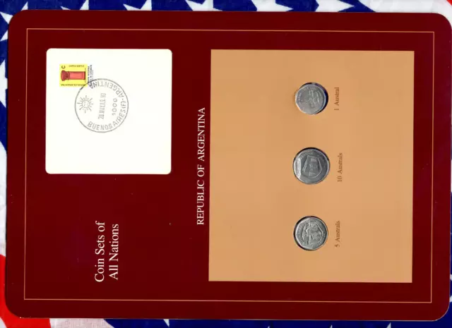 Coin Sets of All Nations Argentina w/card 3 coin  10, 5, 1 Australs 1989 UNC