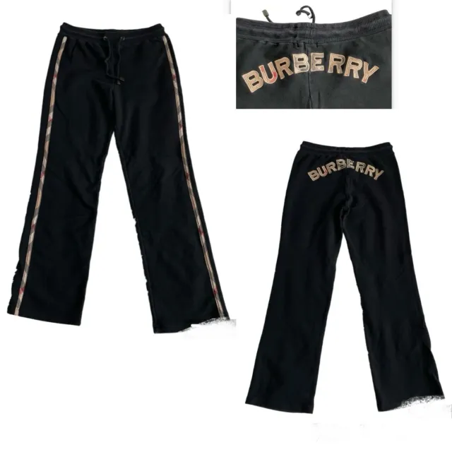 Burberry Track Pants Nova Check Stripe Logo On Back Straight Leg Black Y2K Small