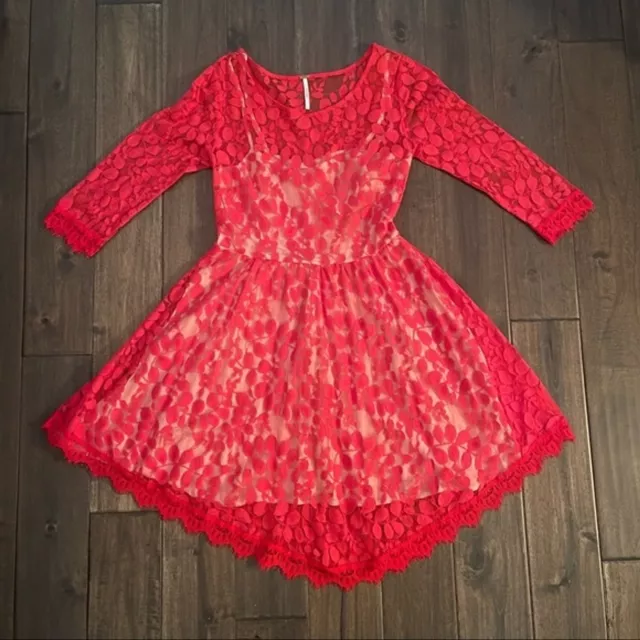 Free People Floral Mesh Lace Dress Hot Red 2