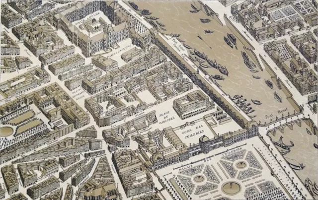 PLAN de PARIS en ÉLÉVATION: Des TUILERIES aux COLONNADES du LOUVRE - Gravure 19e