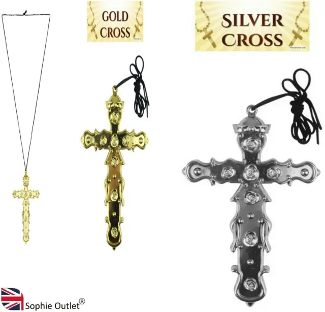 GOLD SILVER MONK CROSS NECKLACE ORNATE Nun Halloween Costume Accessory H41191