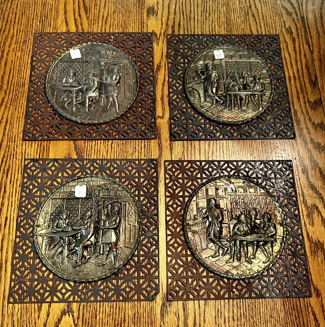 Vintage Set Of 2 Embossed Brass Tavern/Pub Scenes 6" Wall Plates-England