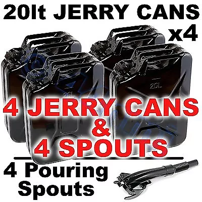 BLACK 20 litre lt Gerry JERRY CANS 20lt x 4 & 4 Spouts