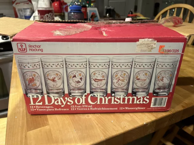 Vintage Anchor Hocking 12 DAYS OF CHRISTMAS GLASSES Tumblers Box Set 3100/328