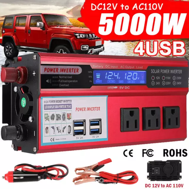 6000W 5000W Car Power Inverter DC 12V To AC 110V Sine Wave Solar Converter LCD