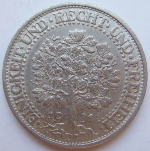 Weimar Republic 5 Reichsmark oak Tree 1931 D IN Extremely fine