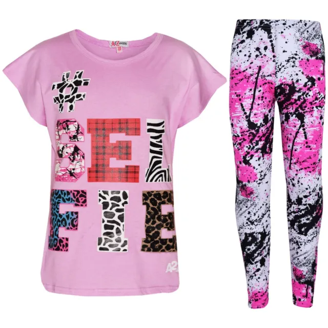 T-shirt top e leggings moda per bambine stampa selfie alla moda lilla alla moda 7-13 anni