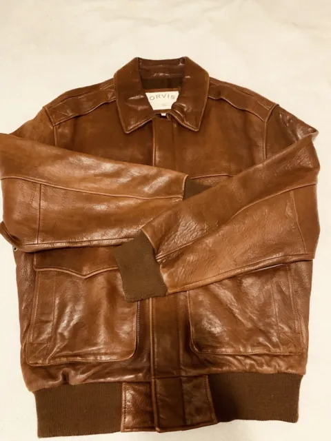 ORVIS Mens Brown Genuine Leather Bomber Jacket Size Large