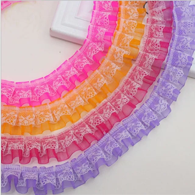 1-8 Yards 2-Layer Flower Pleated Lace Edge Trim Embroidered Ribbon Wedding