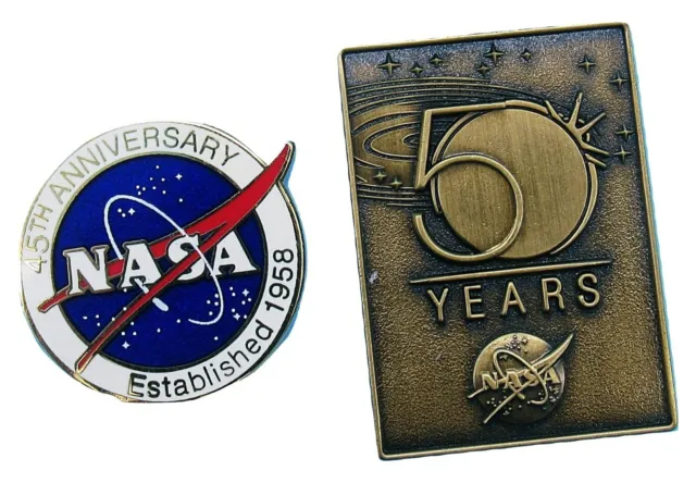 NASA PIN Pair vtg 50 YEARS! Anniversary OFFICIAL EDITION BRONZE vector 45 Years