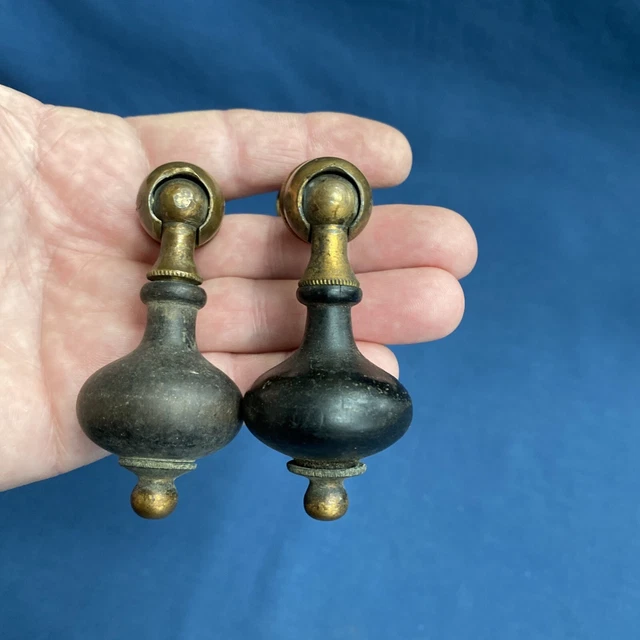2 Antique Victorian Eastlake Teardrop Drawer Pulls Drop Knob Handle Wood & Brass