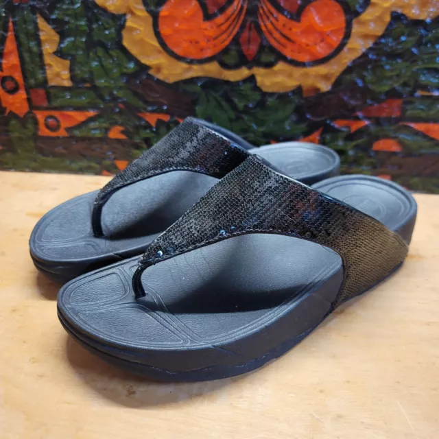 FitFlop Electra Sequin Thong Flip Flops Sandals 034-001 Black Wedge Women Size 7