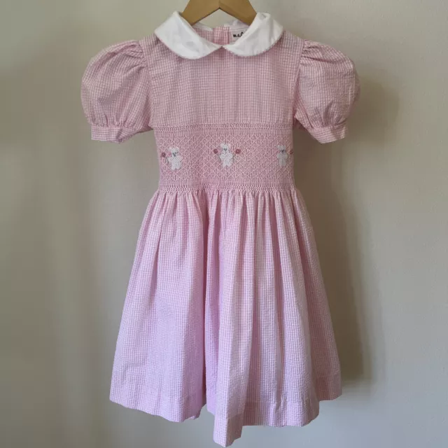 Vtg M C Collection Girls Seersucker Smocked Dress Sz 6 Pink Gingham Bear Floral