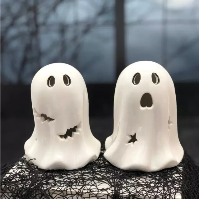 2 Ceramic LED Halloween Ghosts With Bats & Stars Small Light Up Ghost Set New 3