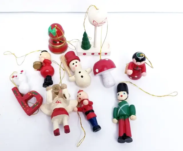 Lot of 10 Vintage Mini Wooden Christmas Tree Ornaments Santa: Snowman Angel