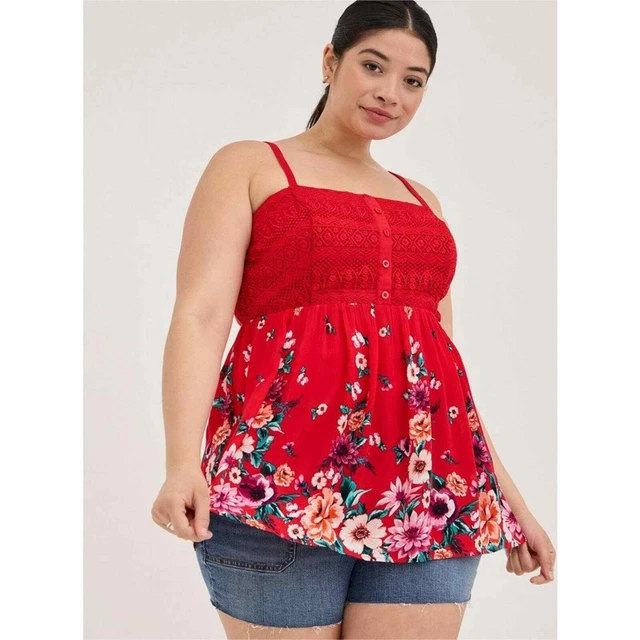Torrid Babydoll Gauze Crochet Trim Cami Top Plus Size 3X Red Floral Print EUC