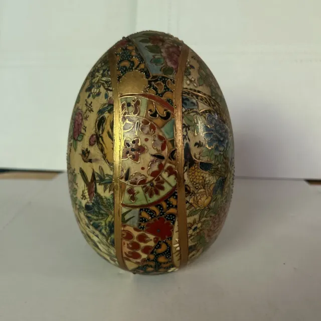 vintage satsuma style Hand Painted Bird & Flower Porcelain Egg 4.5" X  6.5”