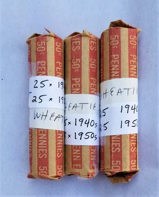 Lot of 3 rolls Lincoln wheat pennies dated 1940's & 1950's. 75 from each decade.