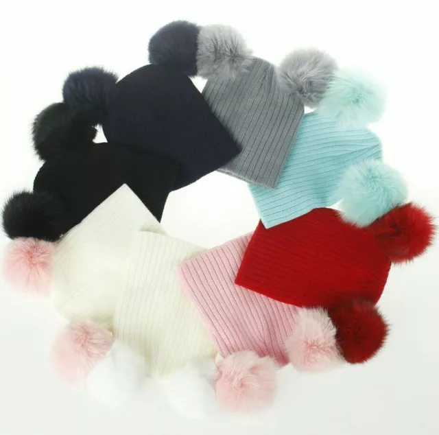 Toddler Kids Baby Boys Girls Winter Wool Knit Beanie Double Pom Bobble Hat Cap