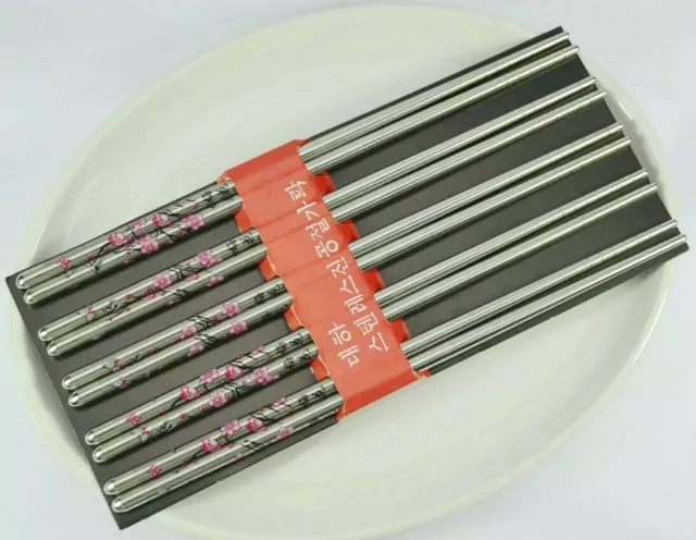 Plum Blossom Theme Durable Stainless Steel Chopsticks Gift 5 Pairs Deluxe Kit