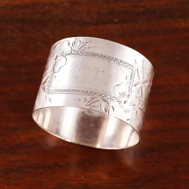 N G Wood Aesthetic Sterling Silver Napkin Ring Florals & Foliate Monogram Etta