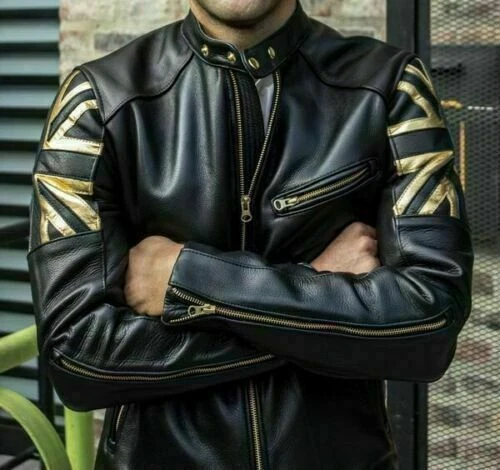 Giacca in pelle da uomo biker vintage moto nera caffè racer bandiera britannica Union Jack