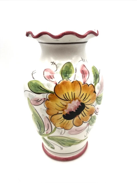 VTG Majolica Style Floral Hand Painted Ruffled Rim Italian Art Pottery 8" Vase