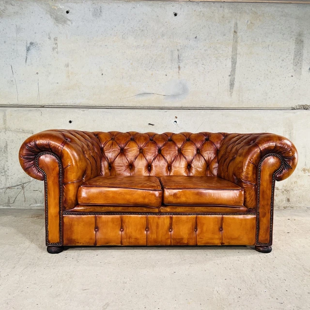 Mid-Century Two-Seater Chesterfield Leather Sofa - Vintage Elegance #