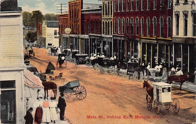 Hudson MI Michigan Main Street View Looking East c1910 Victorian People Postcard