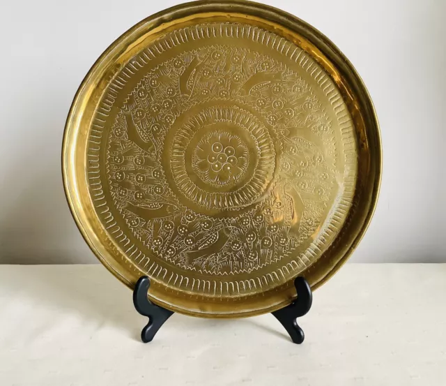 Vintage Serving Tray Islamic/Indian Brass Engraved Birds 8" Diameter 291 Grams