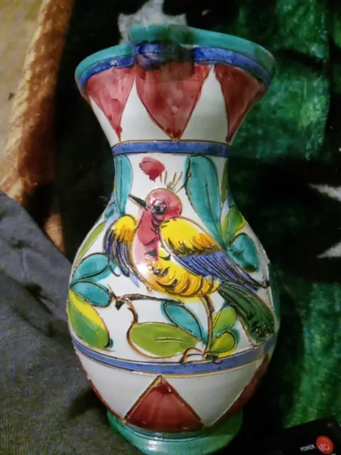 Vintage Italy Ceramic Pitcher hand PAINTED FLORAL AND BIRD MOTIF INCISED 7in