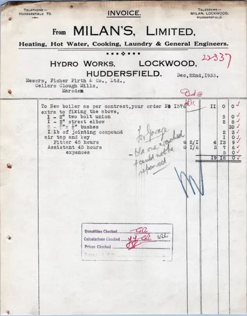 MILAN'S LIMITED Vintage Pre War 1933 Sales Receipt Invoice Plumbing Huddersfield