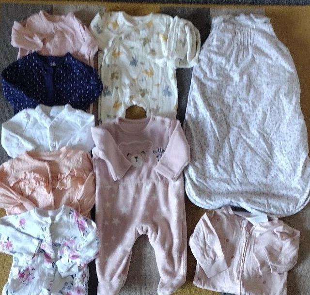 Baby Girls Bundle Of Sleepbag & 8 Sleepsuits 0-3 Months Excellent Condition