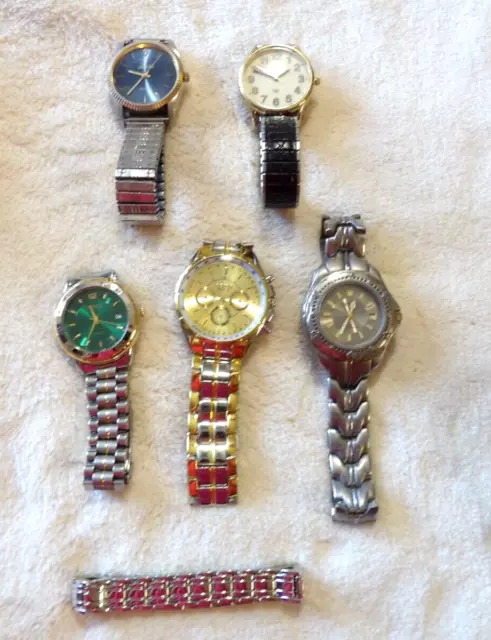 Men's Wrist Watches Lot of 5 Watches and 1 Bracelet All Working All Quartz