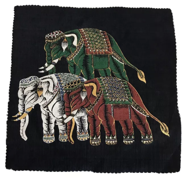 Thai Silk Art Print Elephants Black Blue For Framing or Pillow Front Panel