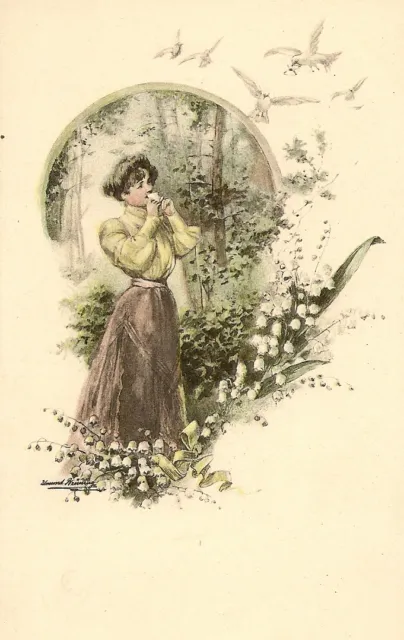 Carte Postale Illustrateur Edmund Kruning Fantaisie Femme Colombe Muguet